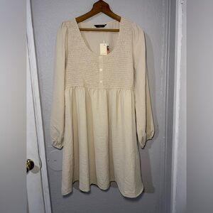 Dokotoo Smocked‎ Babydoll Dress Cream Textured Long Sleeve Size M